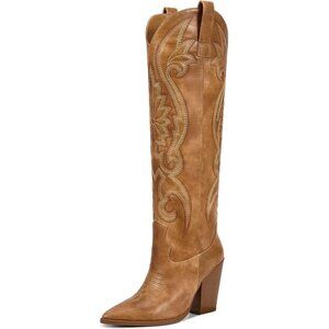 Women's Matte Brown Knee High Cowgirl Pointed Toe Chunky Heel Slip On Boots